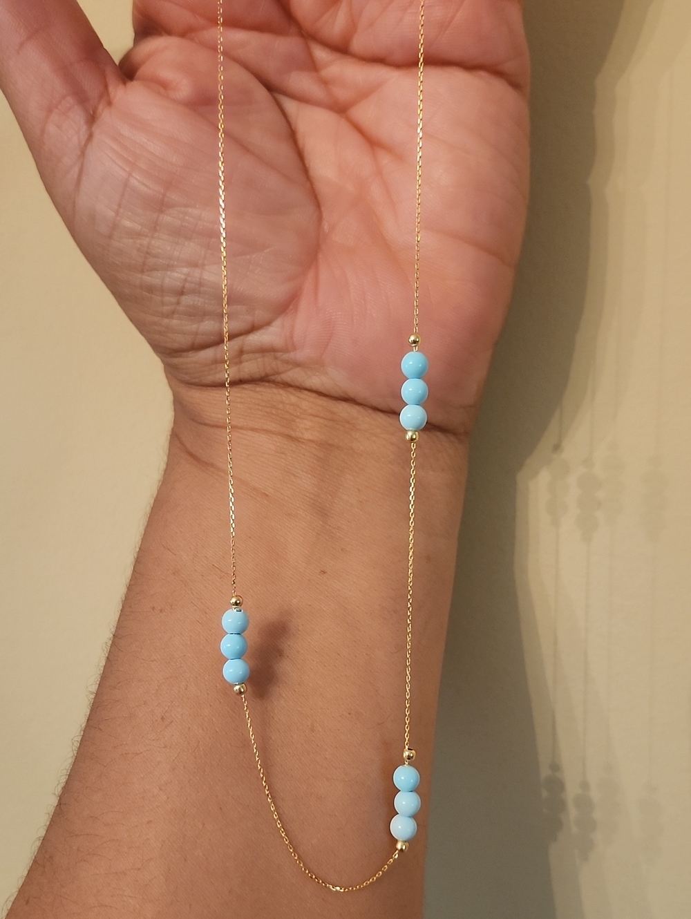 Turquoise Station Necklace 10K Gold Minimal Layering Chain  18 1/8 length